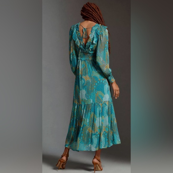 NEW Anthropologie The Odetta Ruffled V-Neck‎ Maxi LS flowy Dress Teal Size  M - Picture 9 of 17